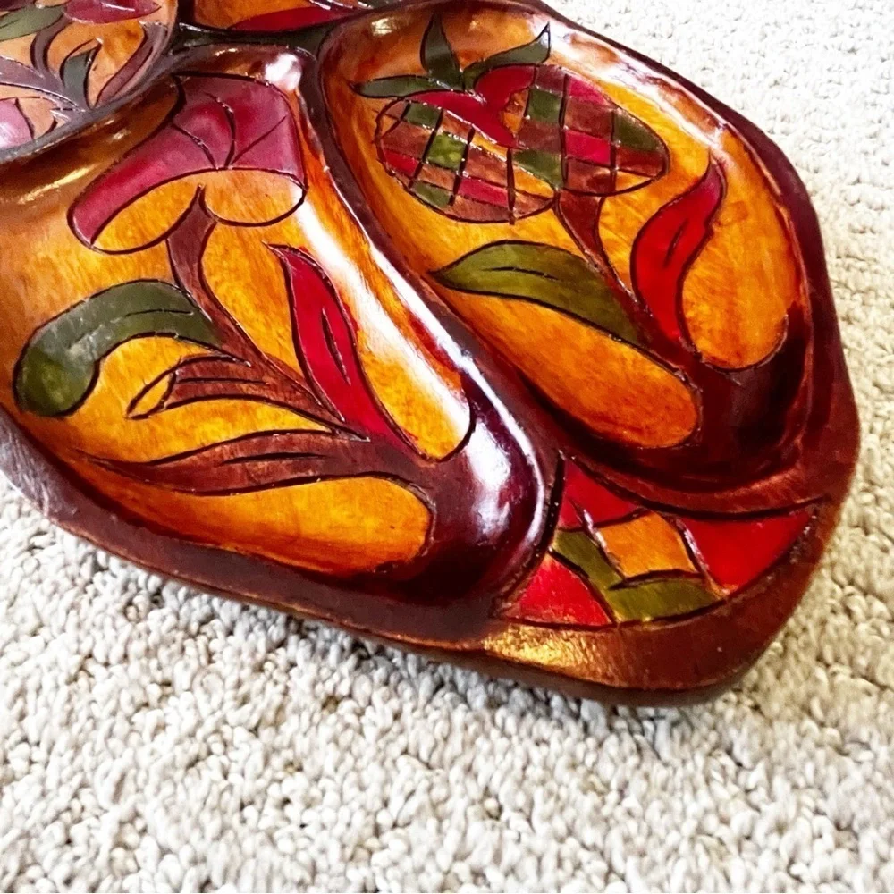 Vintage Mid Century Wooden Serving Tray Platter Boho Exotic Wood Divided Carved